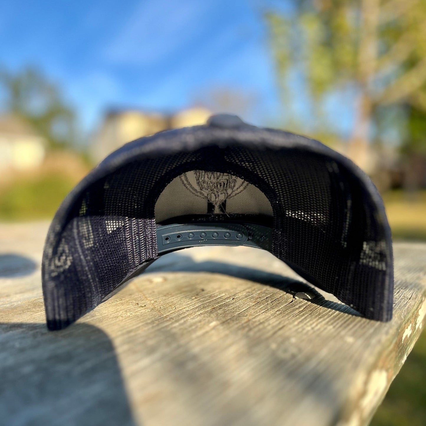 texas rig trucker hat. back. blue.