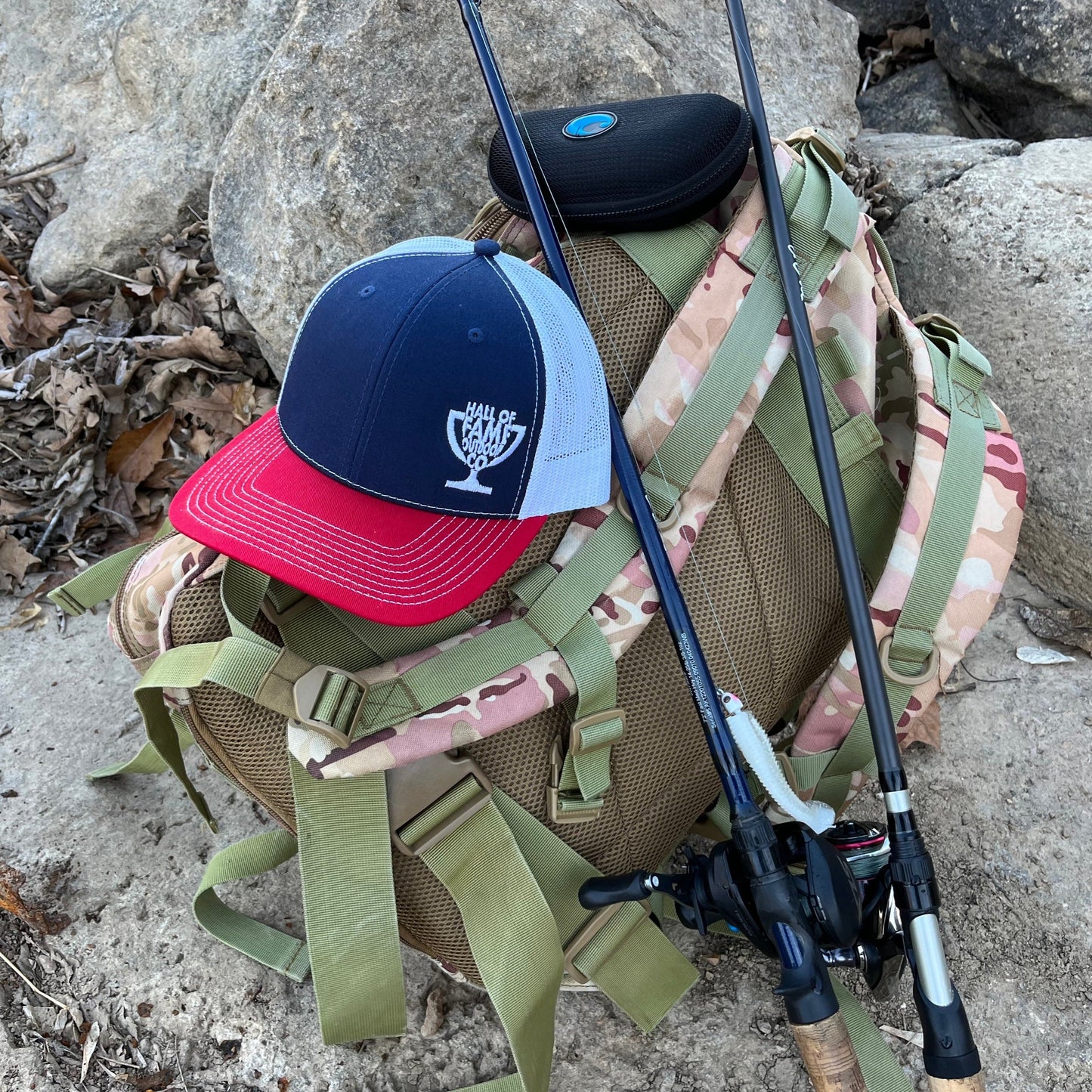 texas rig trucker hat. front. red white and blue. gear.