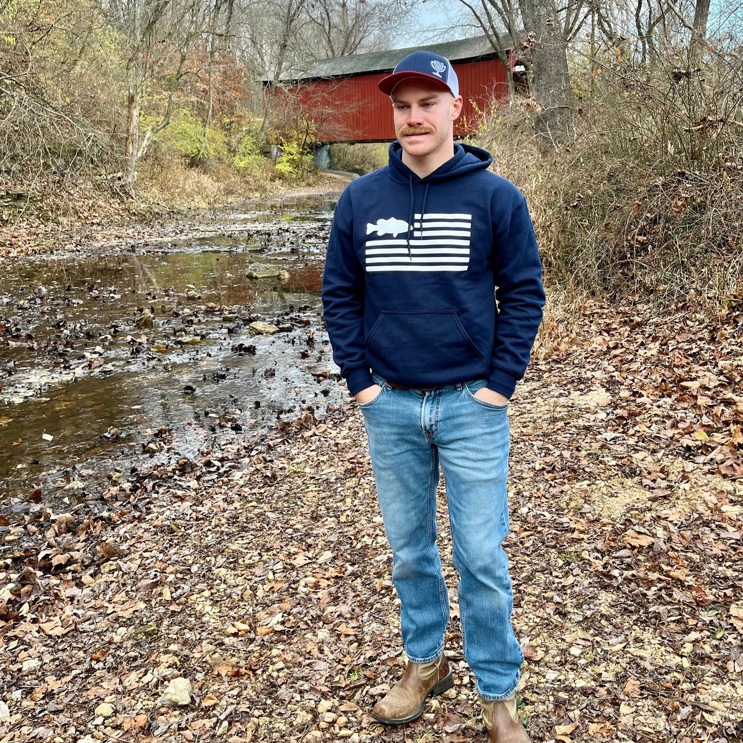 freedom fish hoodie. front. blue. model.