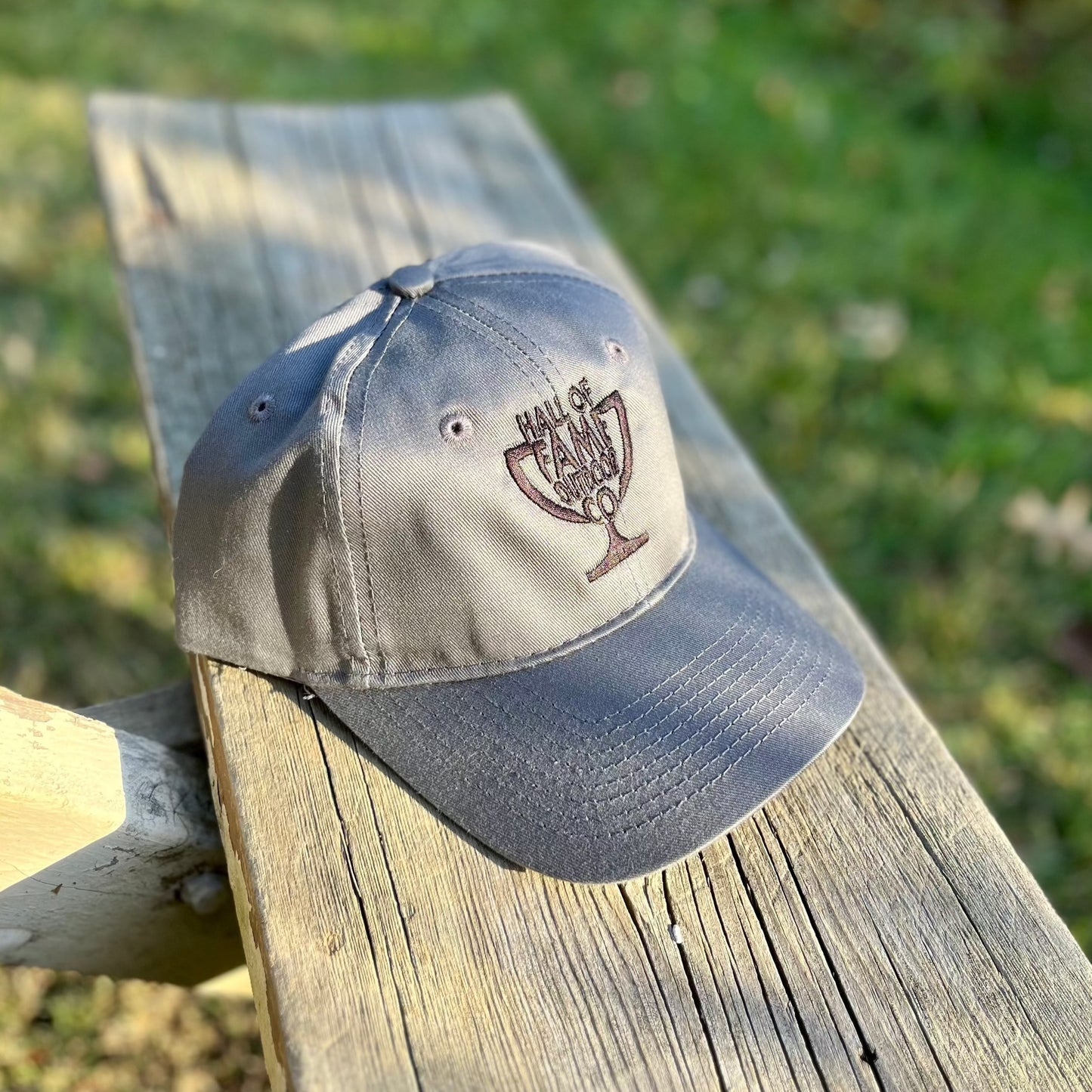 hall of fame hat. angle. gray.