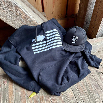 freedom fish hoodie. black. front with hat.