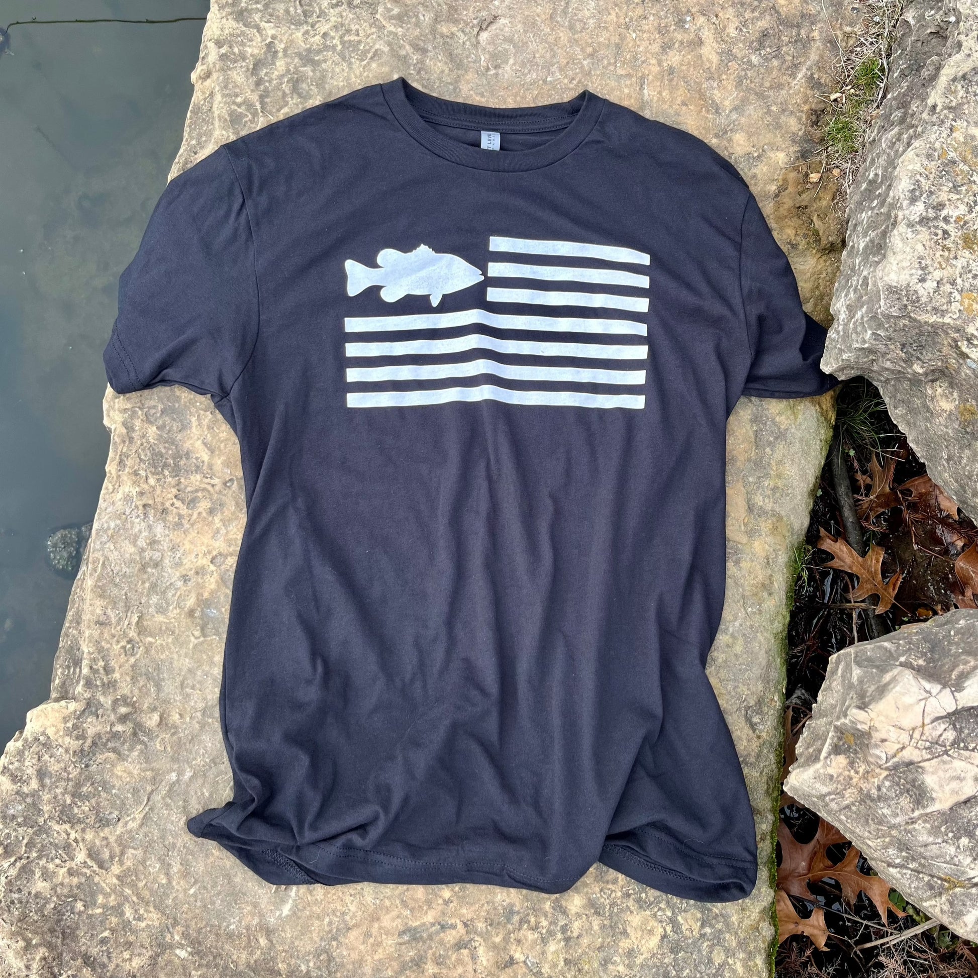 freedom fish shirt. front. black. outside. 