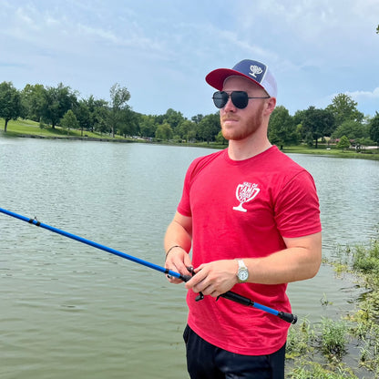 trophy hunter tee. red. front. action. 